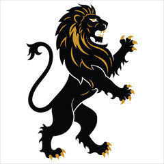 A stylized heraldic lion in a rampant pose, depicted in black with gold accents on the mane, claws, and tail tip. 