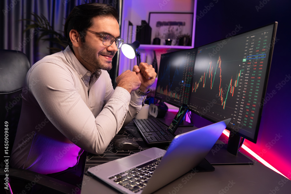 Poster smart trader businessman concentrating on dynamic stock exchange investment on pc and laptop showing