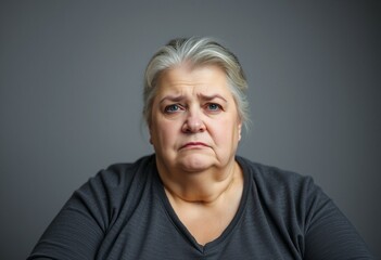 Obraz premium Portrait of a sad overweight woman sitting on a grey background