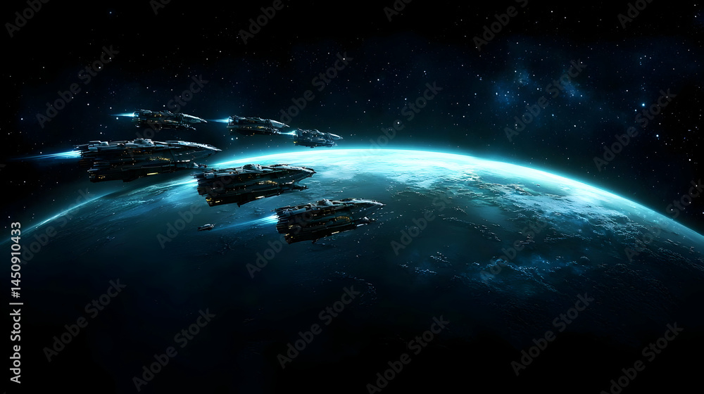 Poster spaceships orbiting earth in deep space