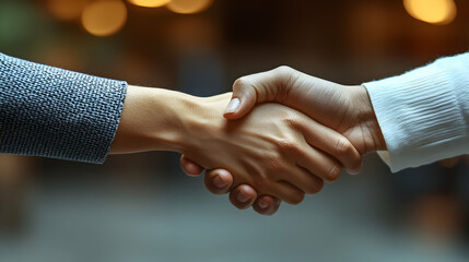 Close-up of two people shaking hands, signifying a business agreement or partnership.  A gesture of trust and cooperation, within a blurred background of an interior setting
