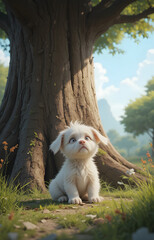 adorable white puppy with big eyes under tree, colorful animal art, 3d cartoon dog