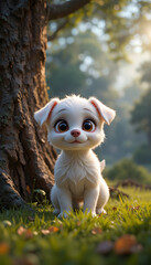 adorable white puppy with big eyes under tree, colorful animal art, 3d cartoon dog