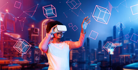 African girl wearing VR glasses and casual cloth while standing at futuristic city. Attractive...