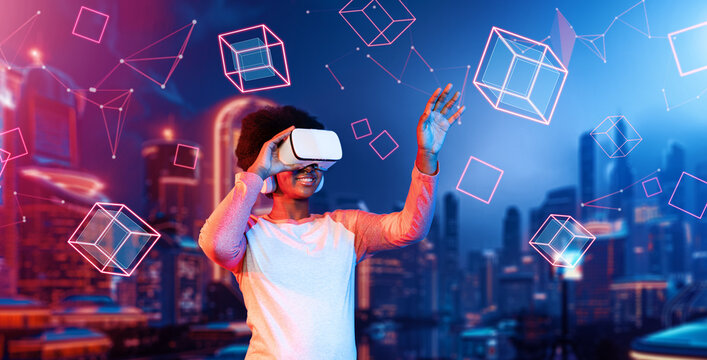 African girl wearing VR glasses and casual cloth while standing at futuristic city. Attractive gamer playing game while using augmented reality technology accessing in metaverse. AI concept Ingenuity. - Powered by Adobe