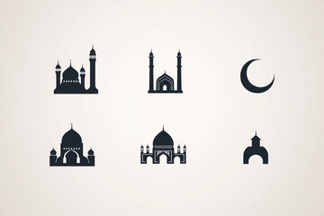 Mosque icons, Islamic symbols, crescent moon, religious design, website graphic
