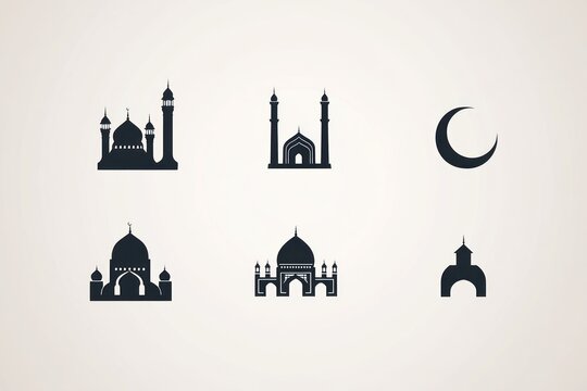 Mosque icons, Islamic symbols, crescent moon, religious design, website graphic