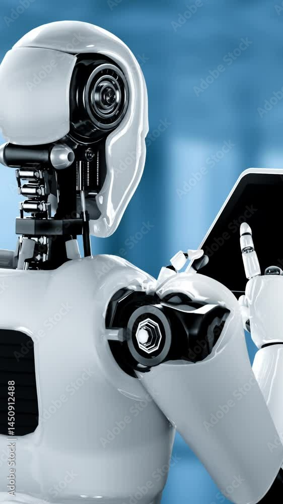 Poster robot hominoid using tablet computer for big data analytic using ai thinking brain , artificial inte