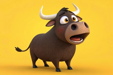 A cartoon bull with big eyes and an open mouth looking surprised against a yellow background, 3d rendering-generated by ai