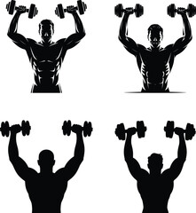 Set of Muscular Man Lifting Dumbbells Silhouettes – Overhead Workout Pose in Solid Black Vector on White Background