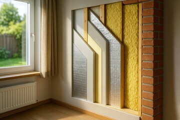 Cross-section of advanced wall insulation showing multiple protective layers including foam, foil, and fiberglass for enhanced thermal efficiency in modern home interiors