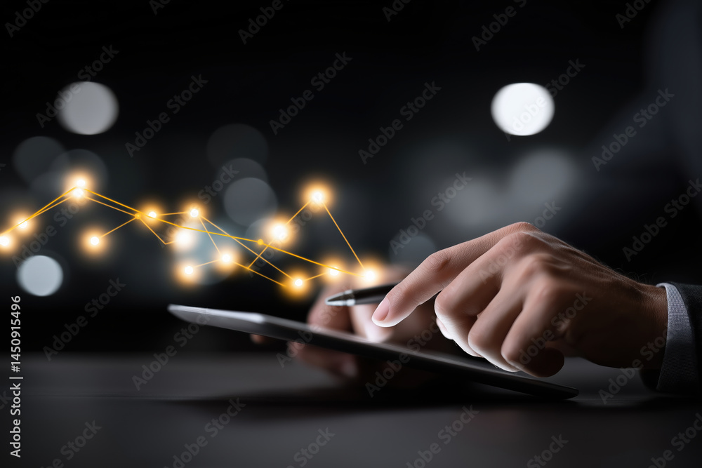 Poster engagement with technology as hands navigate a tablet in a modern setting