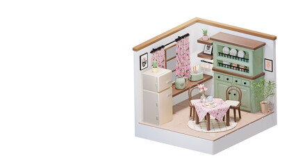 Charming 3D render of a green and brown mini cartoon kitchen with floral curtains, donuts and tea cups on the table. Cozy retro style, great for banners, packaging, or storybook art