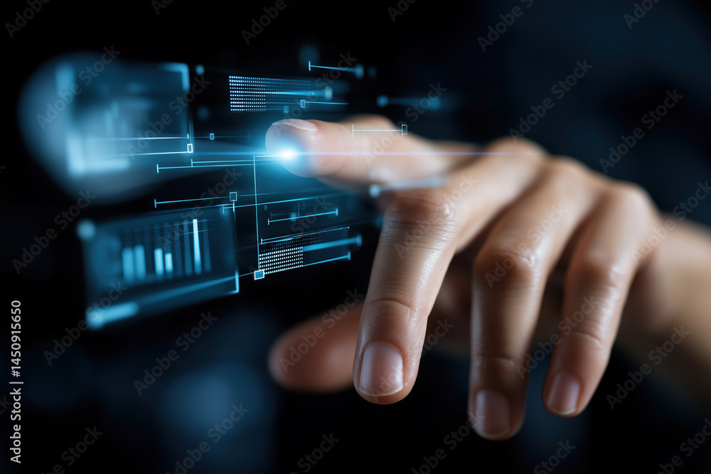 Aufkleber interacting with holographic data display in a futuristic environment
