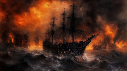 Fototapeta premium Burning ships at sea painting