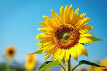 Fototapeta premium Vivid Sunflower Blooming Brightly Against a Clear Blue Sky: A Stunning Display of Nature's Beauty