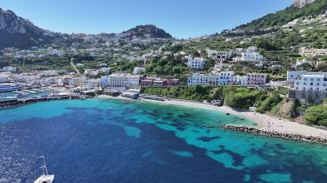 Capri Skyline At Naples In Campania Italy. Beach Landscape. Tourism Landmark. Capri Skyline At Naples In Campania Italy. Gulf Of Naples Skyline. Coastal Cityscape. Mediterranean Sea.