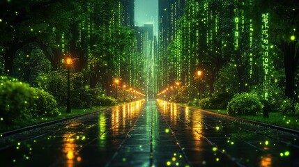 Rainy city park, digital code