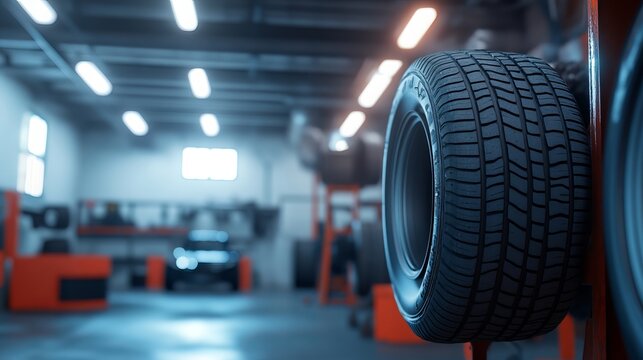 The car workshop's tire rack now holds a fresh tire.  Tire changes are anticipated.
 
