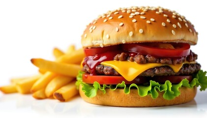 Close-up of greasy burger and fries isolated on white, unhealthy food, detail