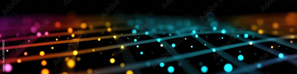Poster a colorful image of a grid of dots with a black background. the dots are of different colors and siz