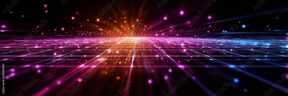 Poster a colorful, glowing image of a starry sky with a bright orange line in the middle. the image is abst