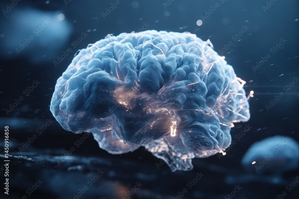 Poster a digital glowing blue human brain with convolutions is rendered in 3d on a dark technological backg
