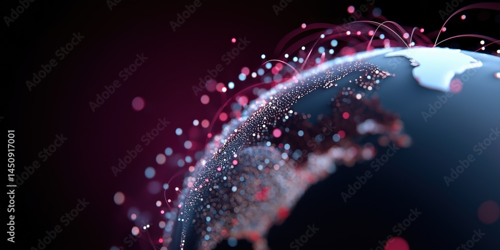 Poster a globe with a lot of dots on it. the globe is surrounded by a purple background. the dots are scatt