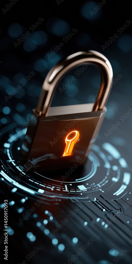 Poster a key is shown on a blue background with a glowing circle around it. concept of security and protect