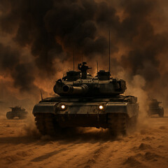 Fototapeta premium Tanks Firing in Battlefield Smoke