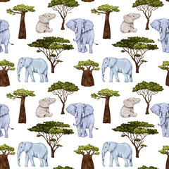 Seamless watercolor pattern with elephants and trees of Africa, baobabs and acacia. Pattern for children's wallpaper, fabrics and textiles