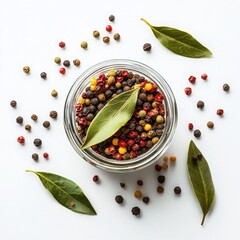 Overhead view of mixed peppercorns in a glass jar with bay leaves around it