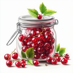 A clear jar filled with red currants and green leaves on a white surface