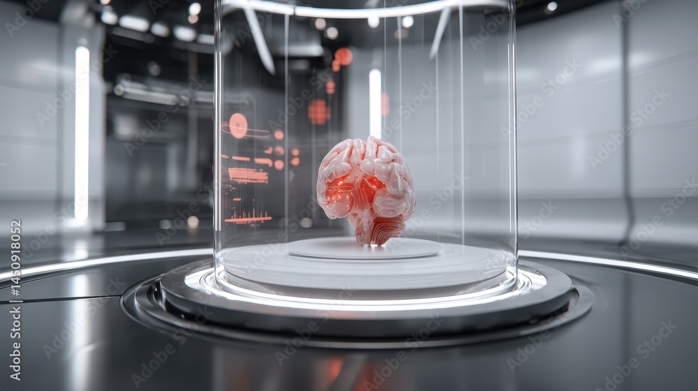 Poster a image of a futuristic techno brain, featuring digital circuitry and glowing neural connections on 