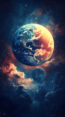 Obraz premium A vibrant Earth and moon bathed in cosmic hues drift amidst swirling nebulae and distant stars A breathtaking celest