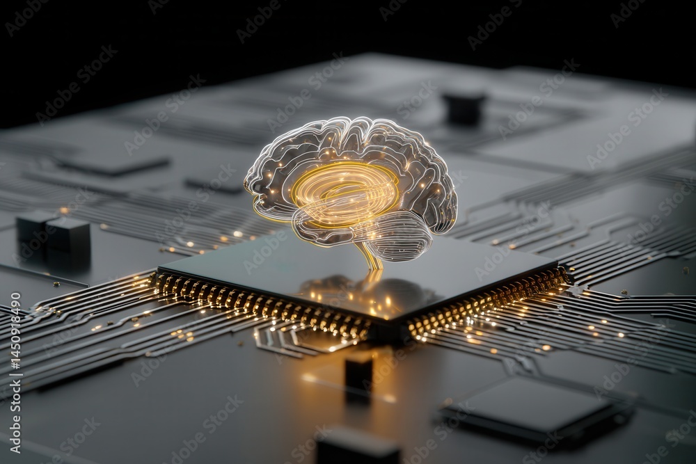 Aufkleber a concept featuring a digital brain on a circuit board highlights ai technology through a close-up v