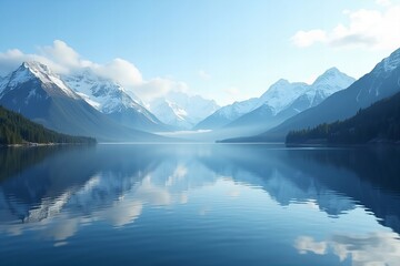 AI-generated serene image of a calm lake and snowy mountain peaks