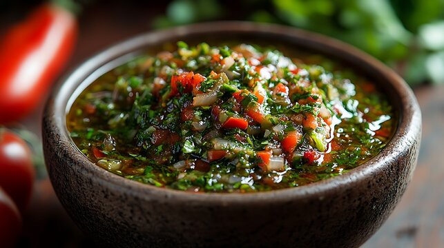 Spicy sofrito sauce in ceramic bowl. Rich texture and bold flavor. Traditional recipe with onion, tomato, cilantro and peppers. Latin American culinary base. Homemade cooking