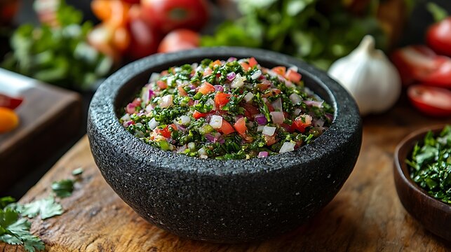 Finely chopped sofrito with red onions and tomatoes. Stone bowl with traditional seasoning mix. Fresh herbs and colorful veggies. Ideal for cooking Latin American dishes