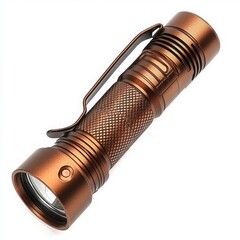Close up of a bronze flashlight with a clip on a white background studio shot