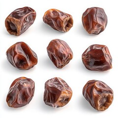 A studio shot of nine medjool dates arranged on a plain white background