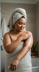 Fototapeta premium Radiant Skin Ritual: Woman Applying Moisturizer After Bath, Embracing Self-Care and Natural Beauty in the Bathroom