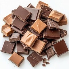 A pile of assorted milk and dark chocolate squares on a white surface top