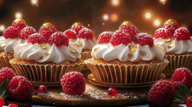 Exquisite Cupcakes Topped with Raspberries and Edible Gold Flakes