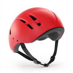 A bright red sports helmet with black straps and air vents on white background