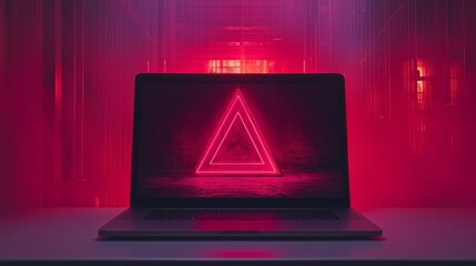 The modern aesthetic of a pink workspace is juxtaposed with a warning sign on a laptop, creating an air of cautious sophistication