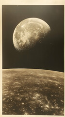 A vintage photo of the Earth and Moon, showing Earth's surface textures and the Moon's shadowed portion against a dark space background