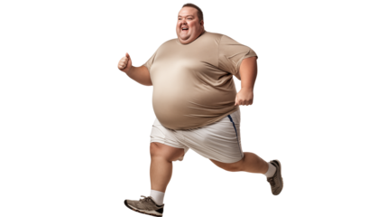 A man in beige shirt and white shorts running with a happy expression isolated on transparent background	