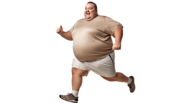 A man in beige shirt and white shorts running with a happy expression isolated on transparent background	