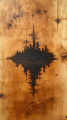 City silhouette etched into a wood panel, showcasing a burnt effect